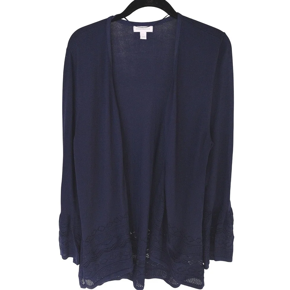Charter Club‎ Womens Navy Blue Open Front Cardigan Crochet Trim Size Large